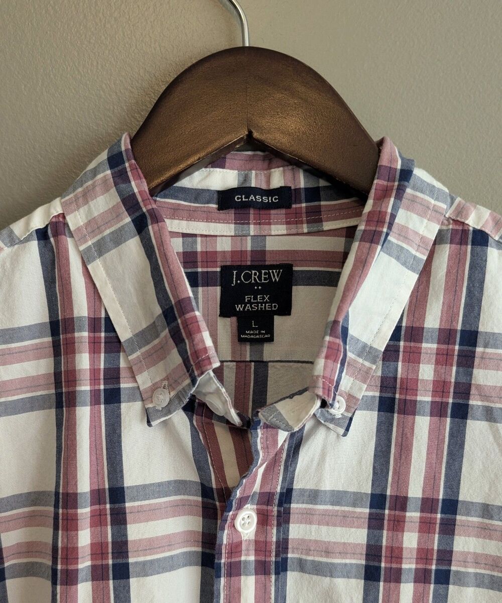 J. Crew Mens Large Flex Washed Stretch Plaid Long Sleeve Button Down Shirt Red